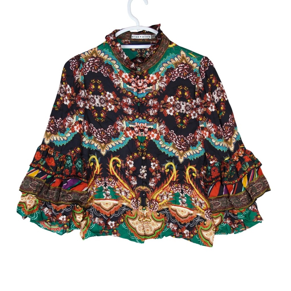 Alice Olivia Liberty Printed Ruffled Blouse Bell Sleeves Size S Mock Neck Boho - Picture 2 of 16